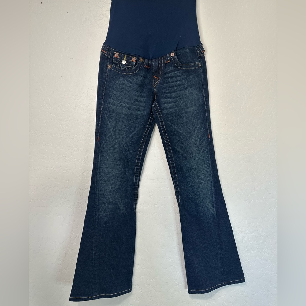 True Religion women’s 28 Dark Wash Maternity Wide Leg Jeans pea‎ in the pod boot